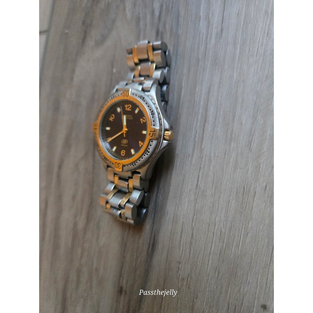 VTG Fossil Blue Watch Mens AM-3197 Blue Dial Two Tone SS Gold 100M Sport Diver - Picture 4 of 6